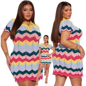NWT Fashion Nova Plus Size Multi Color Chevron Knit Dress Collar 🌈3x